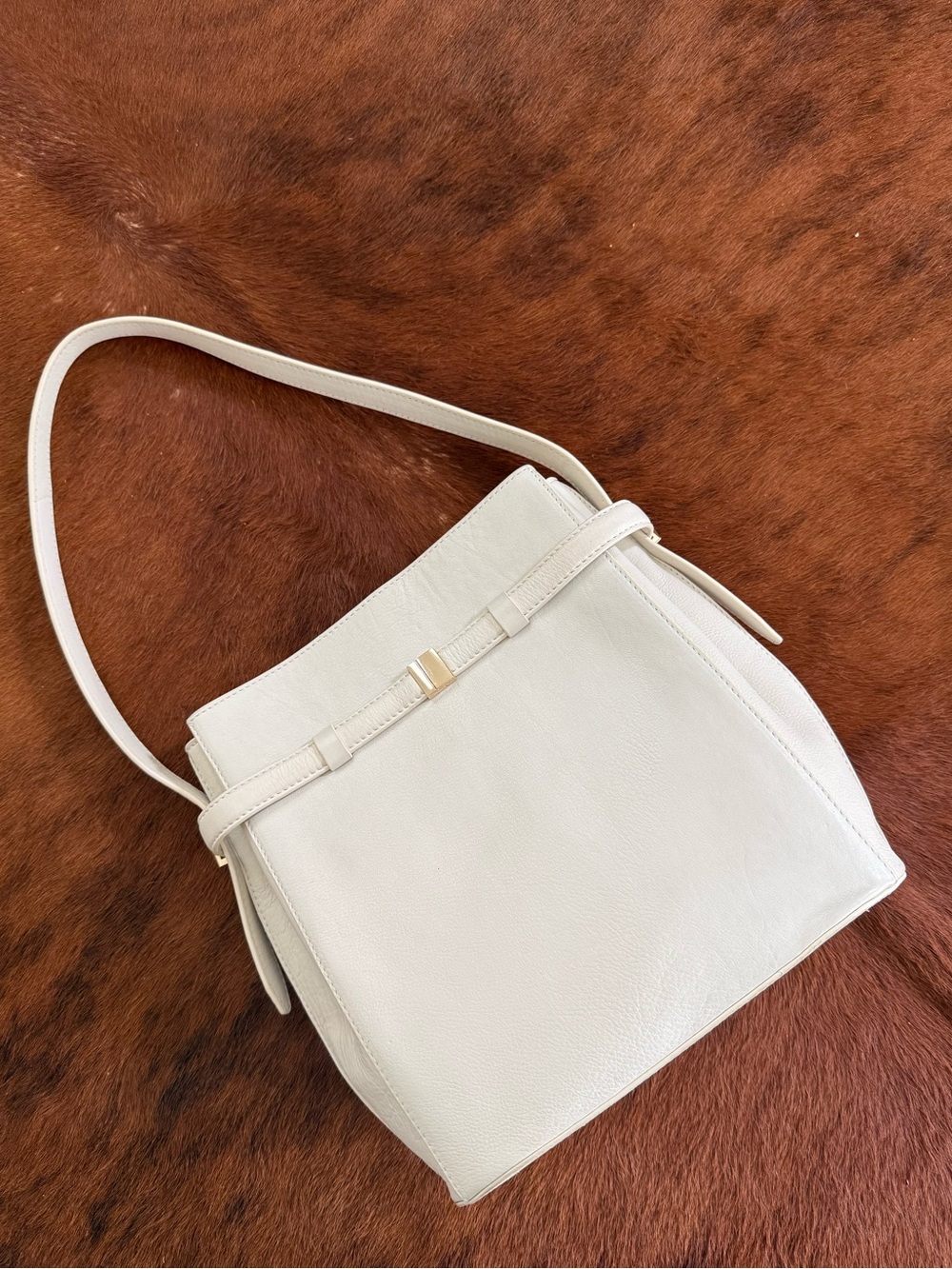 Cream Structured Belted Bucket Bag
